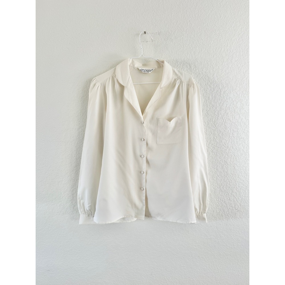Ship n Shore Blouse Womens M Cream Vintage 70s Silken Wonder Long Sleeve Button